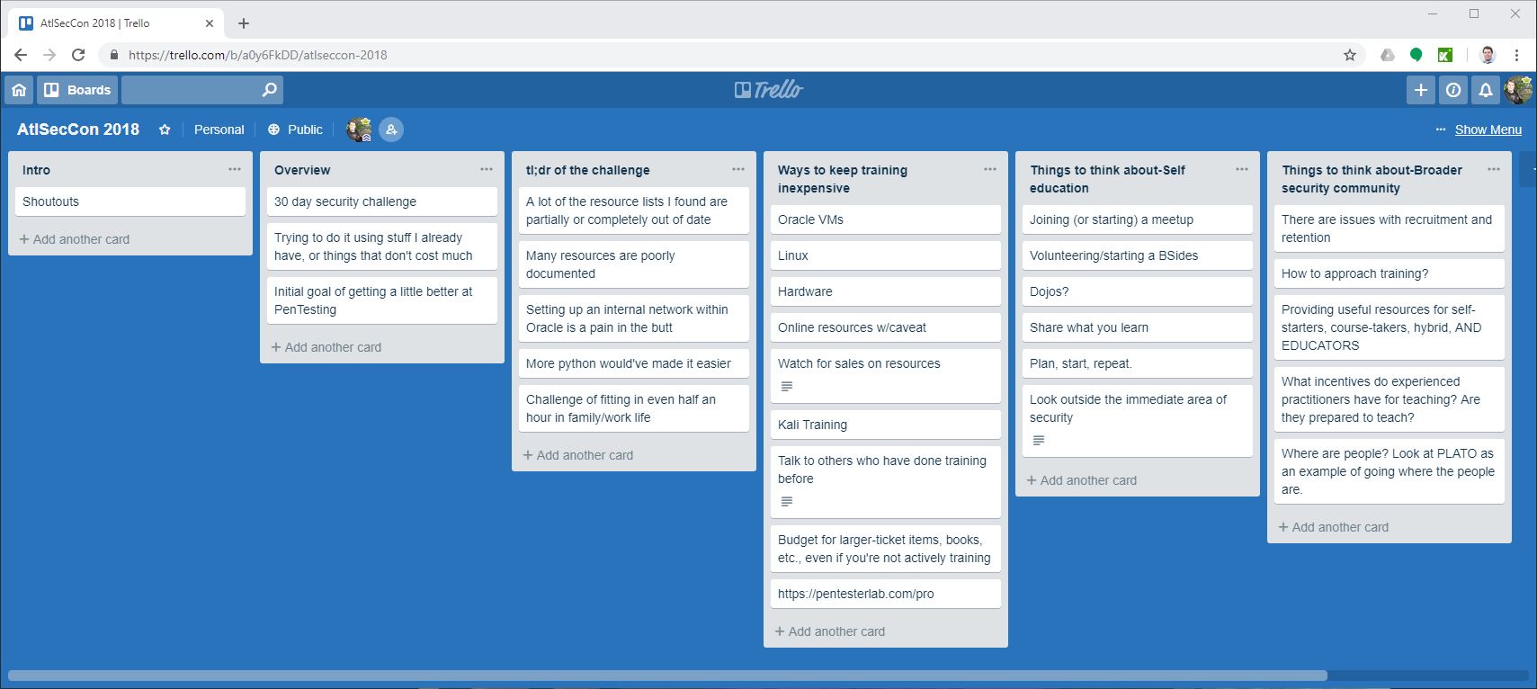 An example of a Trello board used to organize a presentation